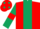 Red body, dark green stripe, dark green arms, red armlets, red cap, dark green spots