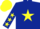 Dark blue body, yellow star, dark blue arms, yellow stars, yellow cap
