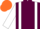 maroon, white braces, white sleeves, orange cap