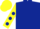 Dark blue body, yellow arms, dark blue spots, yellow cap