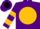 Purple, black kangaroo on gold ball, gold hoops on sleeves