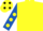 yellow, royal blue sleeves, yellow spots