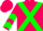 Hot pink, kelly green cross sashes, kelly green chevrons on sleeves