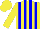 Yellow body, blue striped, yellow arms, yellow cap, blue striped