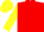 Red, white crossed sashes, yellow sleeves and cap