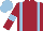 Maroon, light blue braces, armbands and cap
