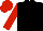 Black, white ladder front and back, red sleeves and cap