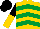 Gold, emerald green chevrons, black sleeves, gold collar and cuffs, black and gold halved cap