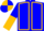 Blue, old gold seams, blue and old gold halved sleeves, quartered cap, old gold peak