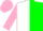 White and green halved horizontally, pink sleeves and cap