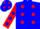 Blue, red spots, red sleeves, blue spots, blue cap, red spots