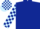Dark blue, light blue crossed sashes, dark blue and light blue checked sleeves and cap, light blue peak
