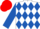 White, royal blue diamonds, royal blue sleeves, red cap