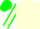 Cream, green crossed sashes, cream sleeves, green seams, cream cuffs, green cap