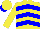 Yellow, blue chevrons, yellow cap, blue peak