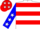 White, red hoops, blue sleeves, white stars, blue cap, white stars, red peak