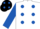 White, black 'v' bib with royal blue spots and sleeves, black cap, royal blue spots