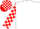 White, red crossed sashes, checked sleeves and cap