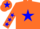 Orange, blue star, orange sleeves, blue stars, orange cap, blue star