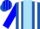 Royal blue, broad sky blue stripe, white braces, blue sleeves, striped cap