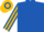 Royal blue, gold 'v' bib, striped sleeves, royal blue cap, gold hoop