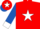 Red, white star, royal blue sleeves, white collar and cuffs, red cap, white star, royal blue peak