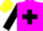 Magenta, black maltese cross, black sleeves, yellow cap