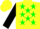 Yellow, green stars, black sleeves, yellow cap
