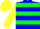 Blue, orange and green hoops, yellow sleeves and cap