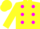 Dayglo yellow, magenta spots, dayglo yellow sleeves and cap
