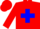 Red, blue cross, red sleeves and cap