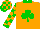 Orange, green shamrock, checked sleeves, green collar and cuffs, checked cap, green peak