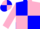 Blue and pink quartered diagonally, pink sleeves, quartered cap