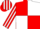 Red and white quartered diagonally, striped sleeves and cap