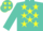 Turquoise, yellow stars, turquoise sleeves, turquoise cap, yellow stars