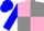 Shocking pink and grey quartered diagonally, blue sleeves and cap