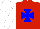 Red, blue maltese cross, white sleeves and cap