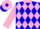 Blue and pink checked diamonds, pink collar and sleeves, blue cuffs, pink cap, blue diamond and peak