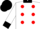 White, red spots, black collar, cuffs and cap