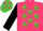 Cerise, lime green stars, black sleeves, lime green cap, cerise stars, black peak