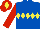 Royal blue, yellow band of diamonds, red sleeves and cap, yellow diamond