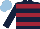 Dark blue and maroon hoops, dark blue sleeves, light blue cap