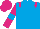 Turquoise blue, cerise epaulettes and sleeves, turquoise blue armband, cerise cap