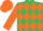 Emerald green, spectrum orange band of diamonds and sleeves, green cuffs, spectrum orange cap, green peak
