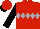 Red, silver band of diamonds, black sleeves, red cap, black peak