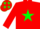 Red, green star, red sleeves, yellow cuffs and cap, green stars