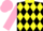 Black and yellow checked diamonds, yellow collar, dayglo pink sleeves, black cuffs and cap, dayglo pink peak