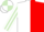 White and red halved horizontally, light green striped sleeves and quartered cap