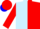 Light blue and red halved horizontally, white band, red sleeves and cap, blue collar, cuffs and peak