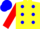 Yellow, blue spots, red sleeves, blue cap